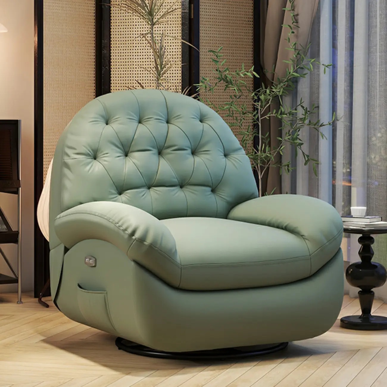 Leather Upholstered Rocking Swivel Chair with Round Arm  Image - 1 | homeyfad