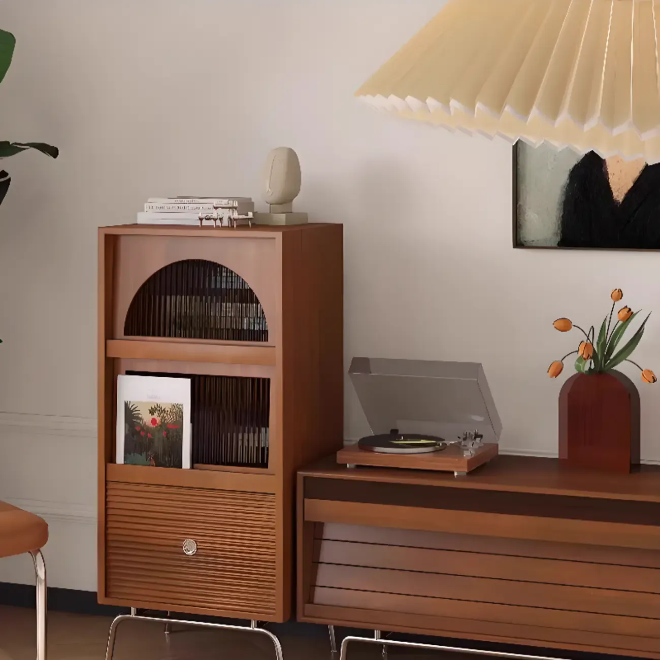 Modern Pine Storage Cabinet with Glass Door and Metal Base Image - 2