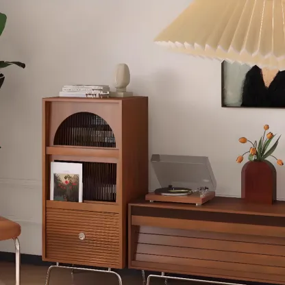 Modern Pine Storage Cabinet with Glass Door and Metal Base Image - 2