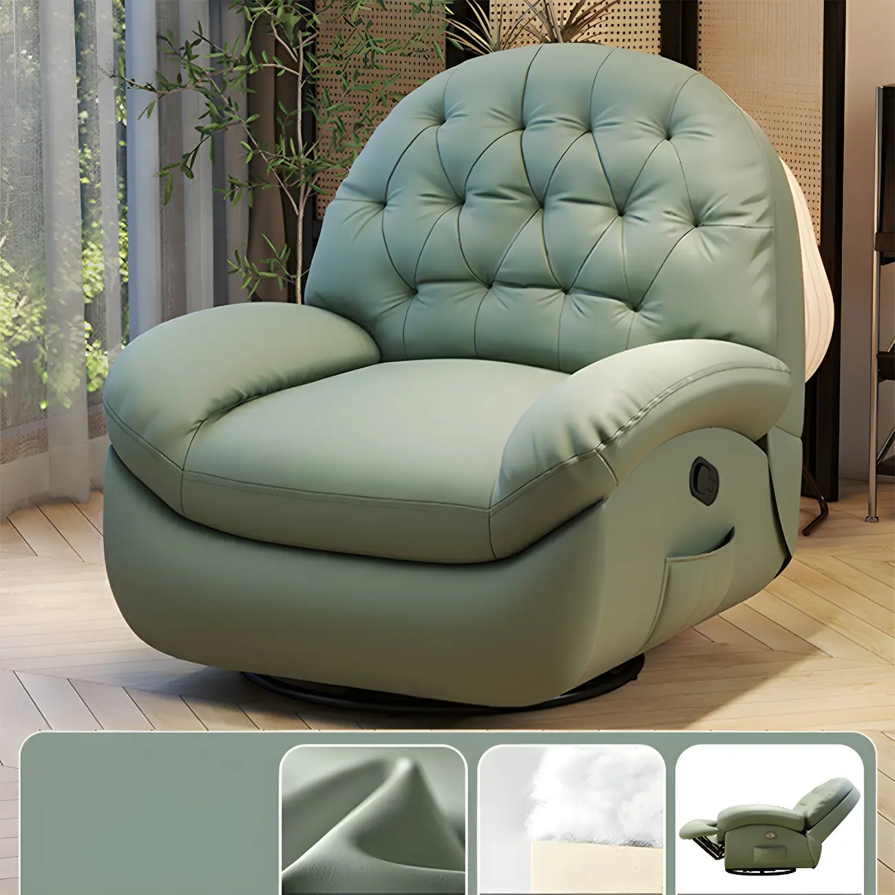 Leather Upholstered Rocking Swivel Chair with Round Arm  Image - 2 | homeyfad