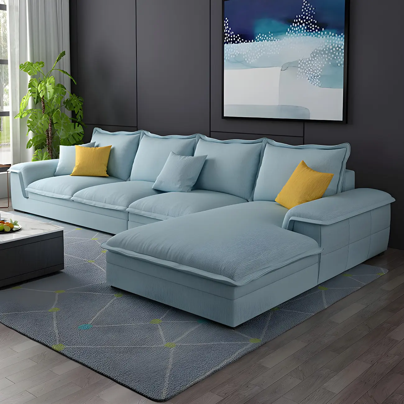 Modern Blue Sectional Sofa with Linen Blend for 4 People Image - 1 | homeyfad