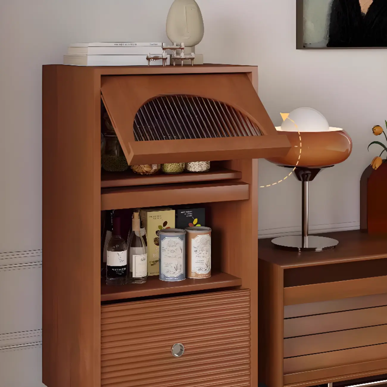 Modern Pine Storage Cabinet with Glass Door and Metal Base Image - 3 | homeyfad