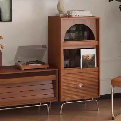 Modern Pine Storage Cabinet with Glass Door and Metal Base Image - 5