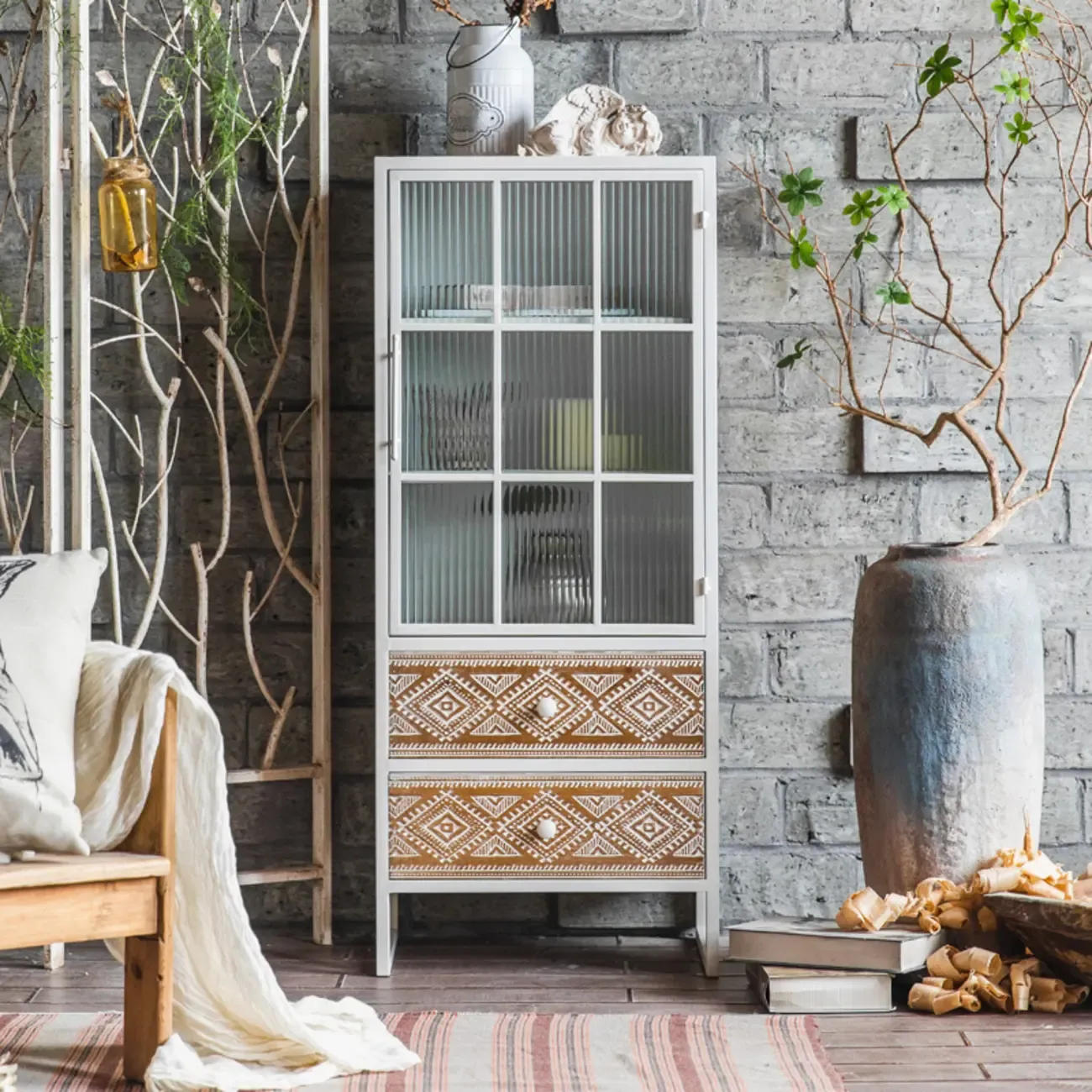 Bohemian White Accent Cabinet with Glass Door & Drawers Image - 1