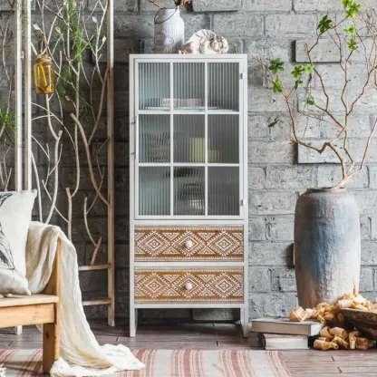 Bohemian White Accent Cabinet with Glass Door & Drawers Image - 1