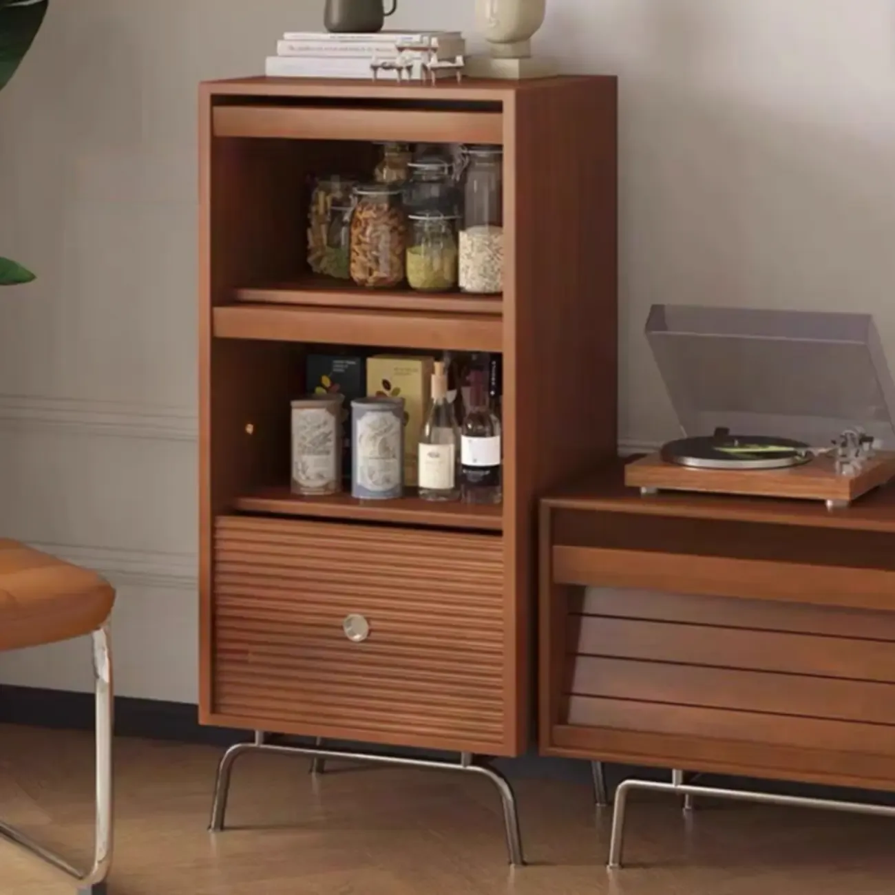 Modern Pine Storage Cabinet with Glass Door and Metal Base Image - 6