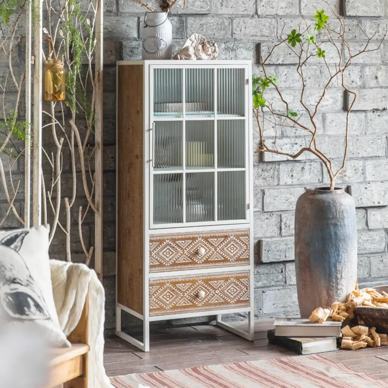 Bohemian White Accent Cabinet with Glass Door & Drawers Image - 2