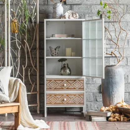 Bohemian White Accent Cabinet with Glass Door & Drawers Image - 3