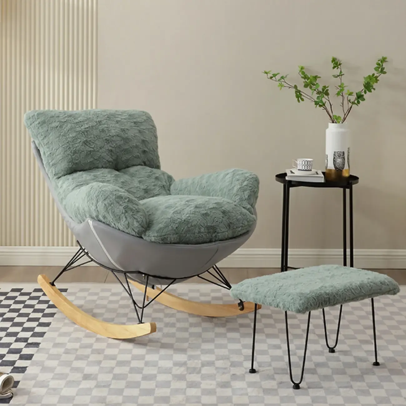 Modern Armless Upholstered Rocking Chair with Ottoman Image - 1
