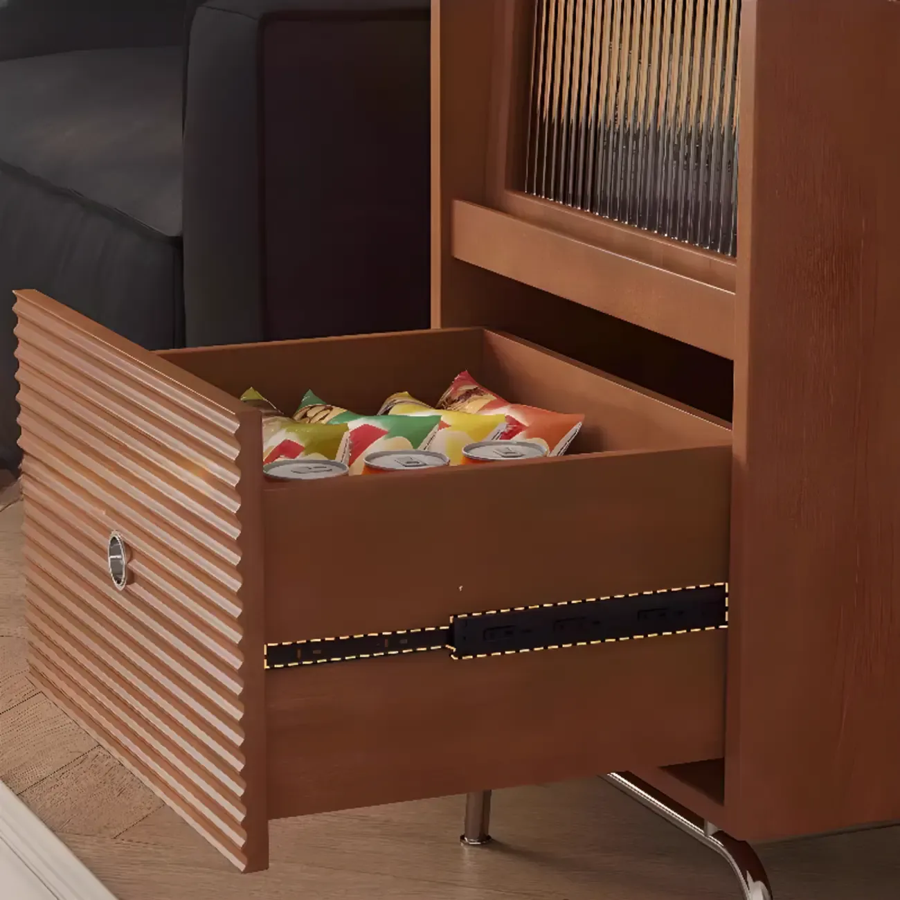 Modern Pine Storage Cabinet with Glass Door and Metal Base Image - 9