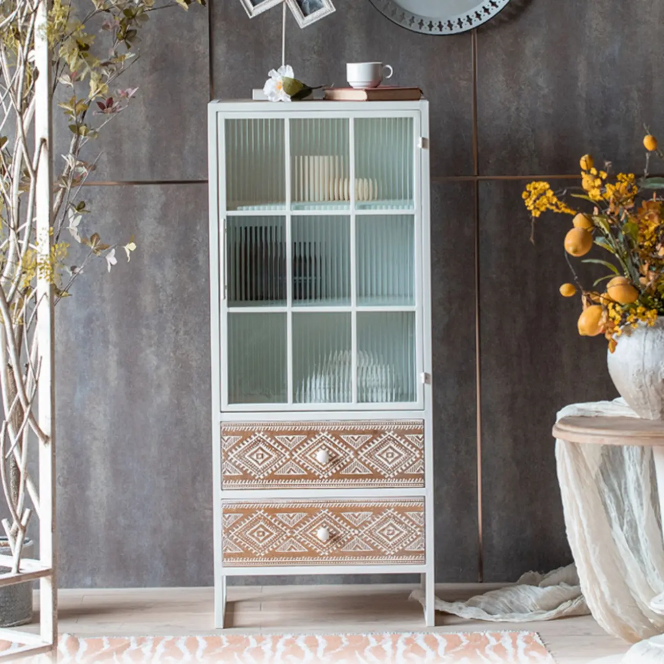 Bohemian White Accent Cabinet with Glass Door & Drawers Image - 4 | homeyfad