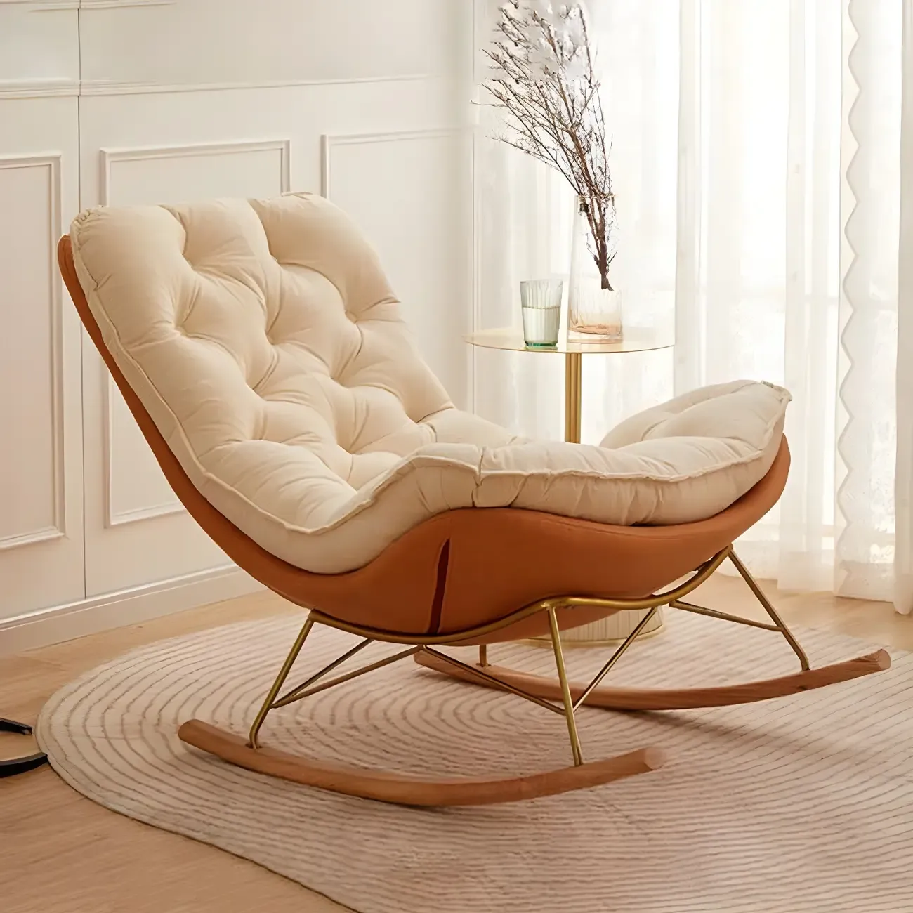 Oversized Modern Tufted Rocking Chair in Orange/White Image - 1