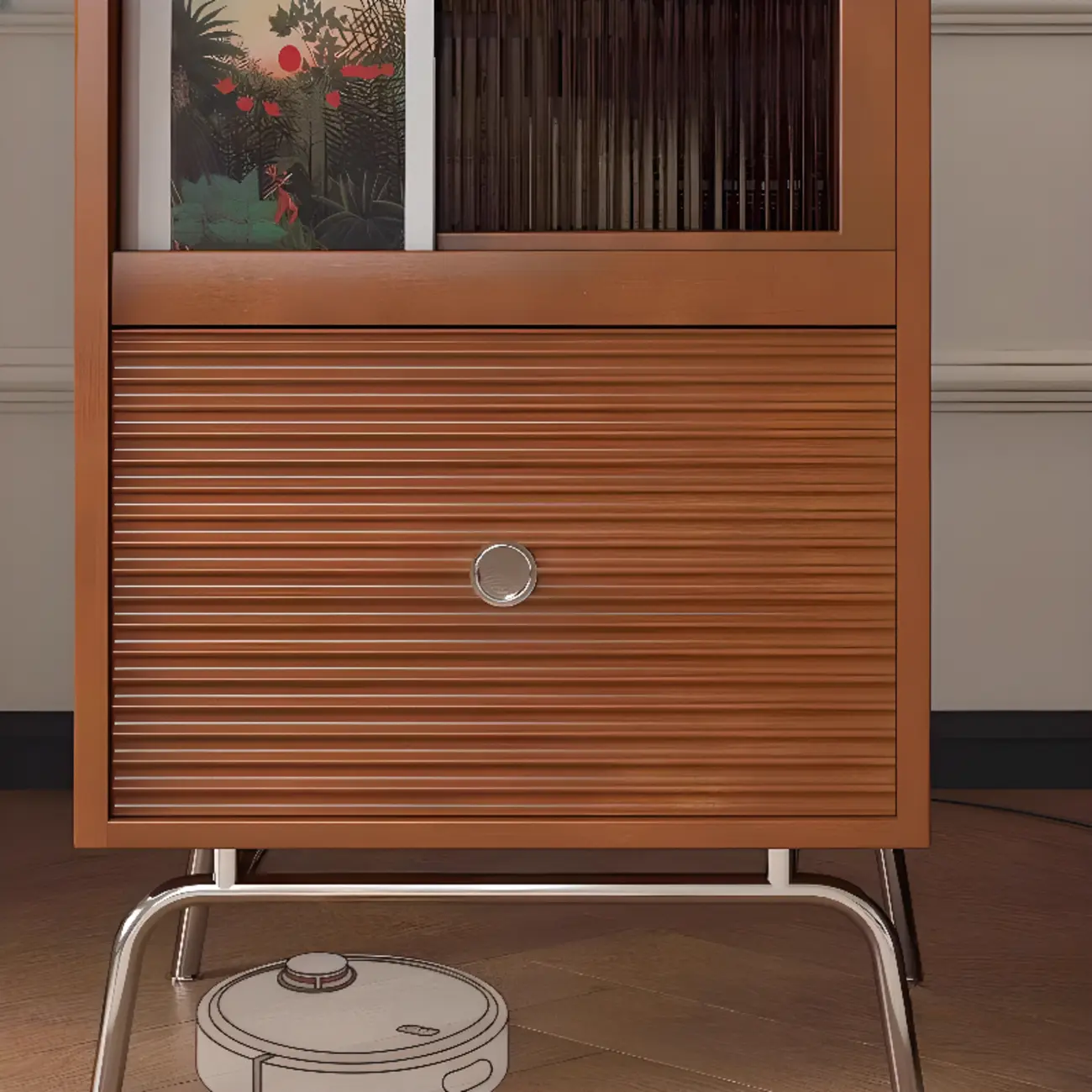 Modern Pine Storage Cabinet with Glass Door and Metal Base Image - 10 | homeyfad
