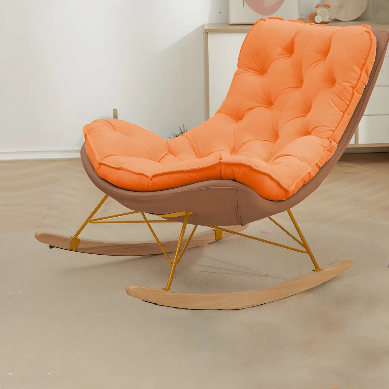 Oversized Modern Tufted Rocking Chair in Orange/White Image - 2 | homeyfad