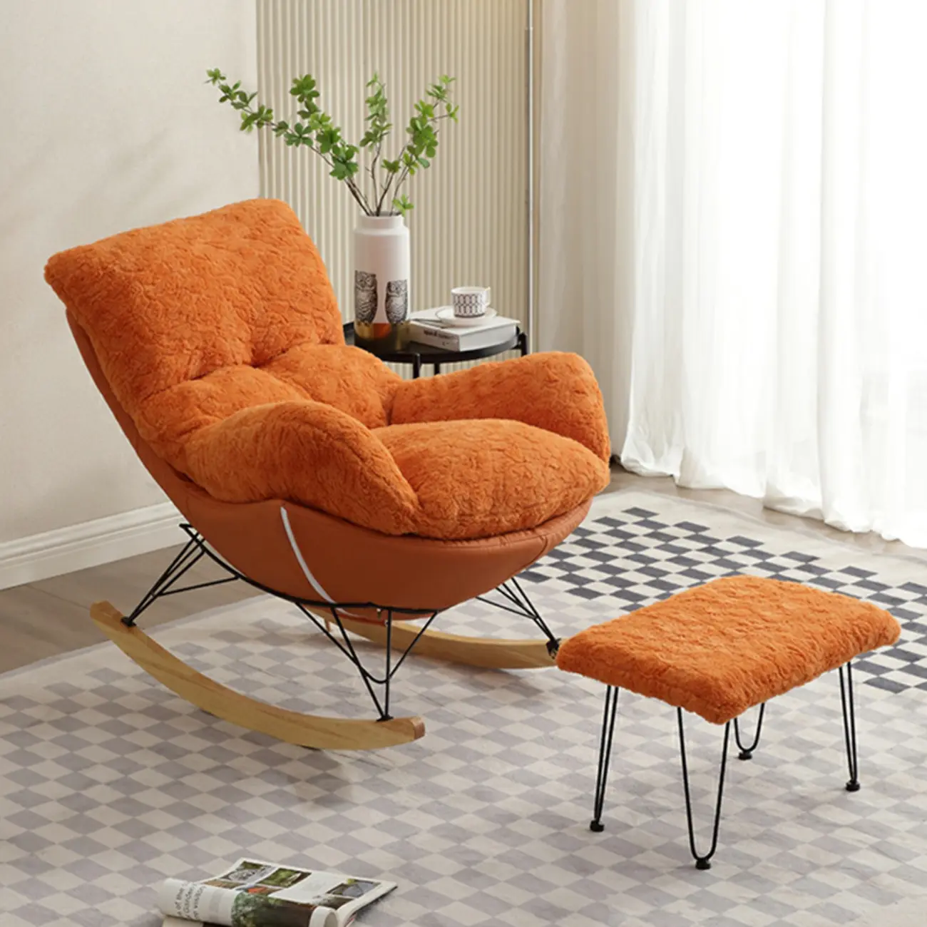 Modern Armless Upholstered Rocking Chair with Ottoman Image - 5 | homeyfad
