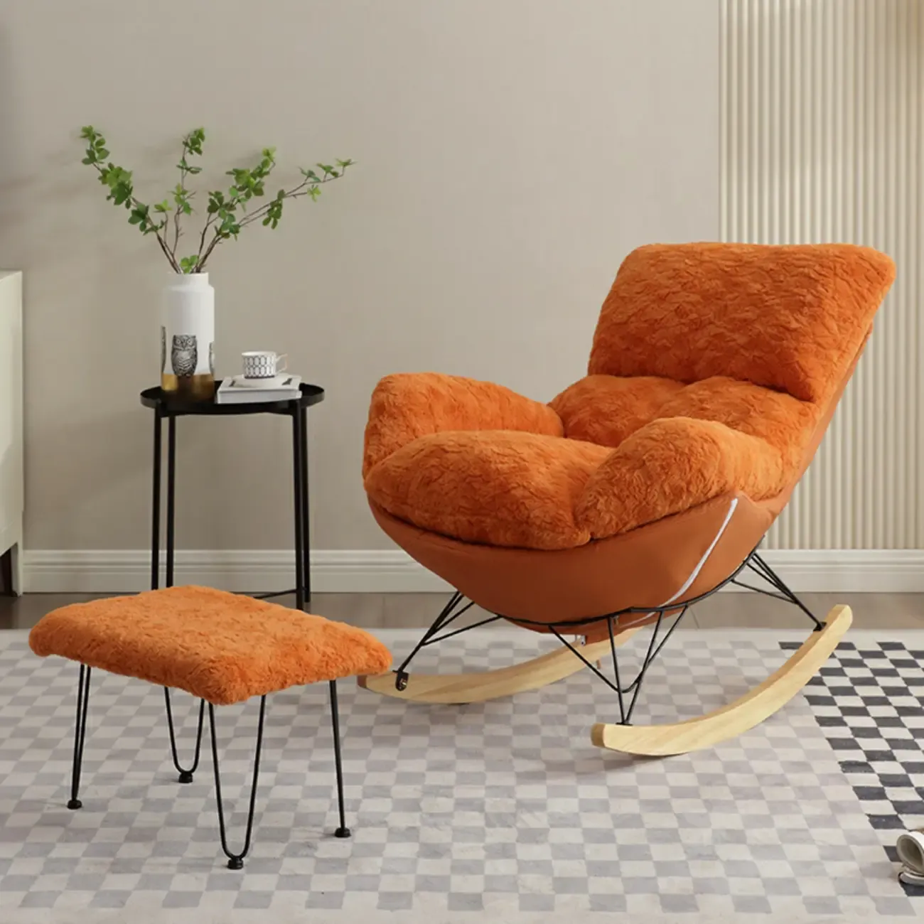 Modern Armless Upholstered Rocking Chair with Ottoman Image - 6