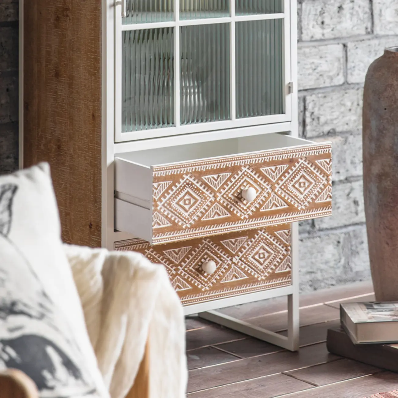 Bohemian White Accent Cabinet with Glass Door & Drawers Image - 8 | homeyfad