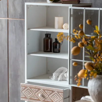 Bohemian White Accent Cabinet with Glass Door & Drawers Image - 9