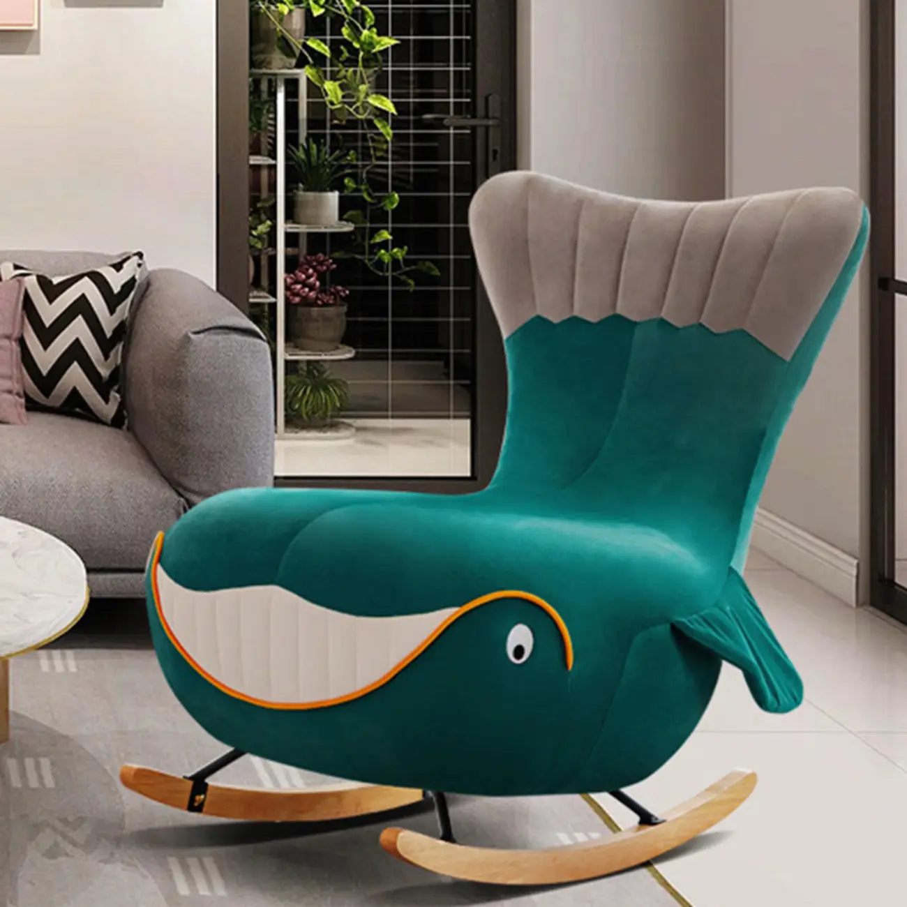 Modern Flannel Upholstered Rocking Chair in Whale Shaped Image - 1 | homeyfad