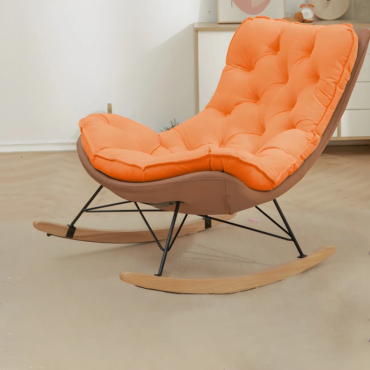 Oversized Modern Tufted Rocking Chair in Orange/White Image - 7 | homeyfad