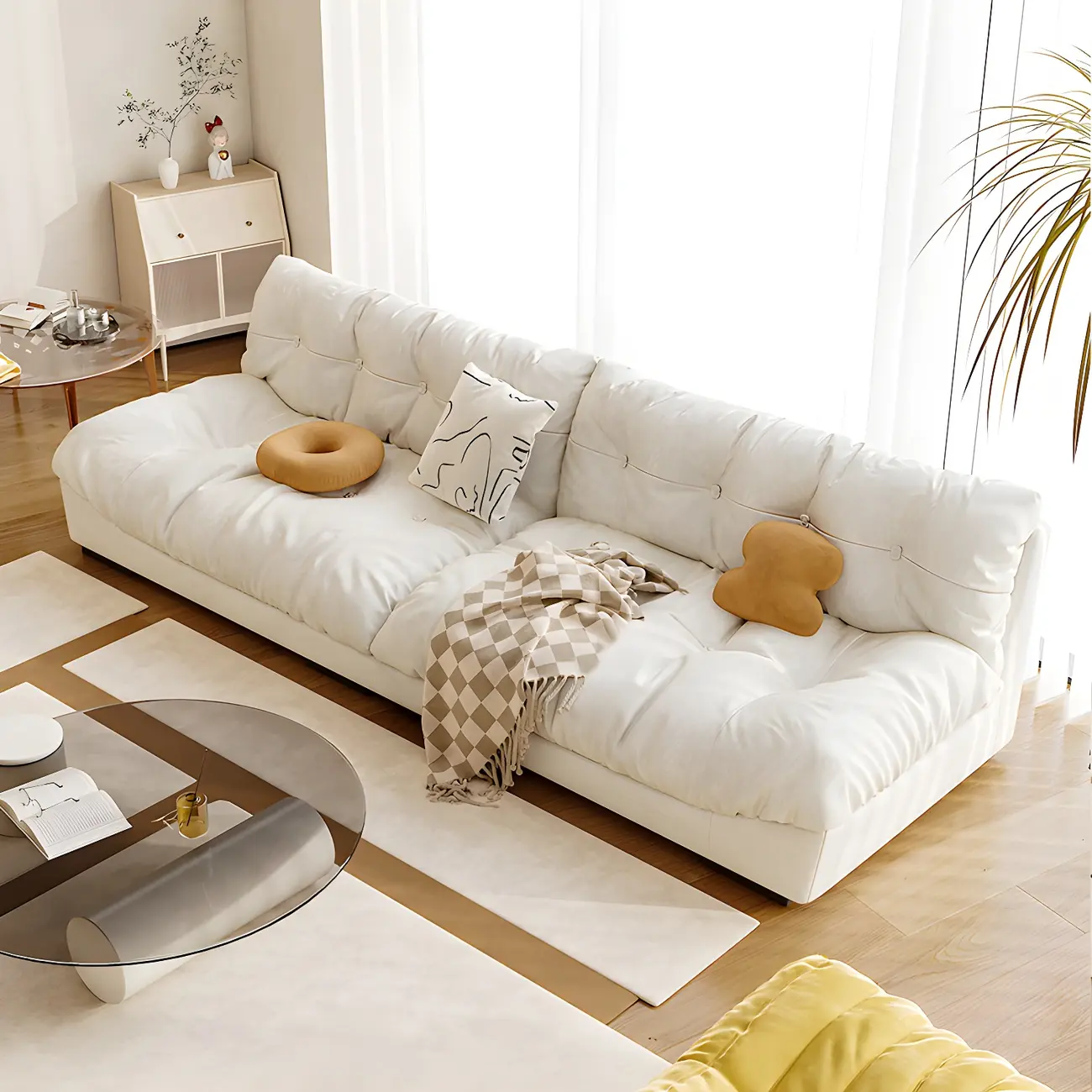 Scandinavian Cream Velvet Sectionals with Removable Cushions Image - 1 | homeyfad