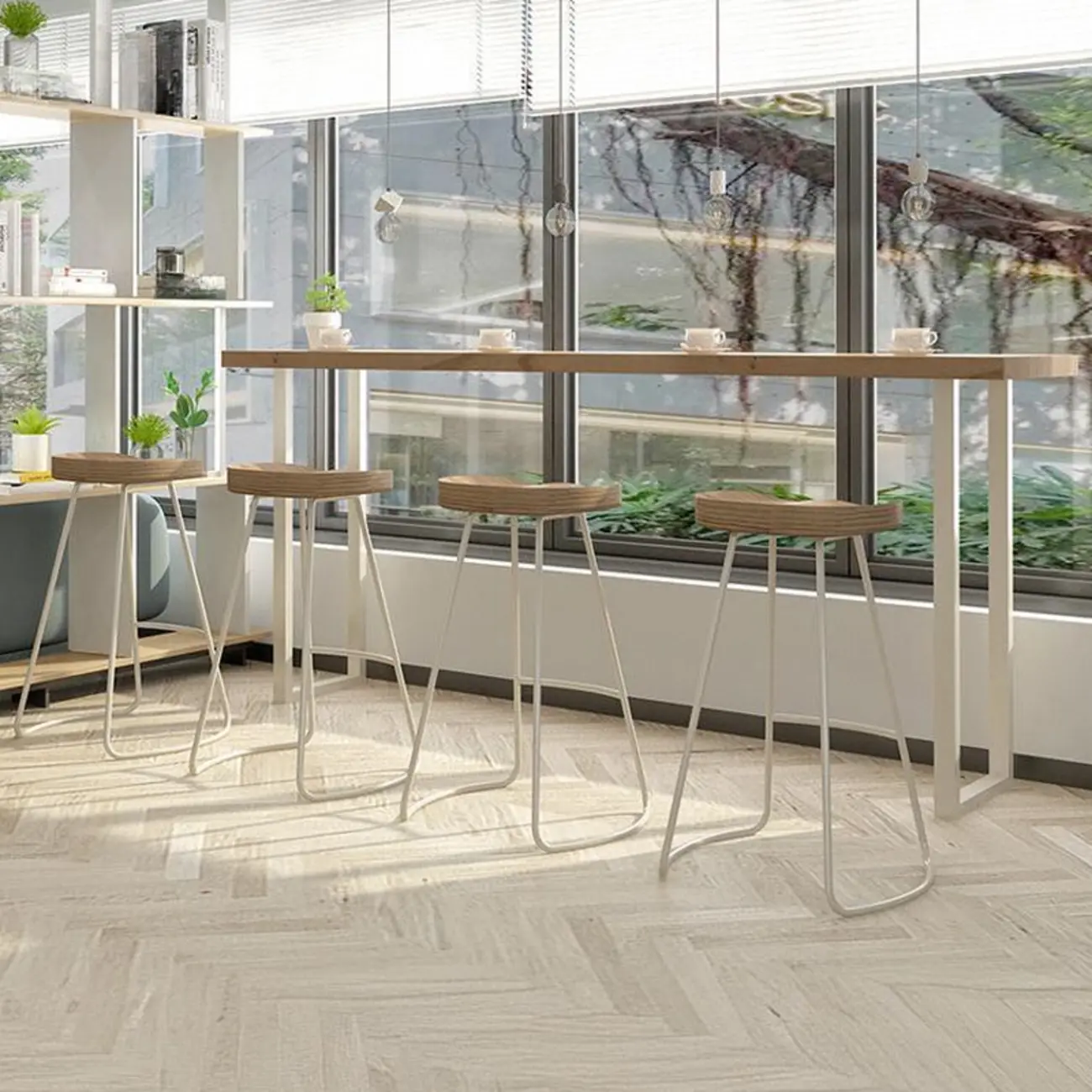 Natural Wooden Rectangular Long Bar Table with White Metal Frame for Indoor Use Image - 1 | homeyfad