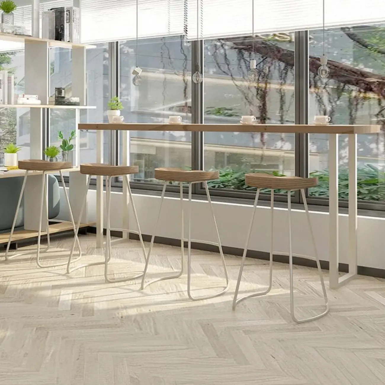 Natural Wooden Rectangular Long Bar Table with White Metal Frame for Indoor Use Image - 1