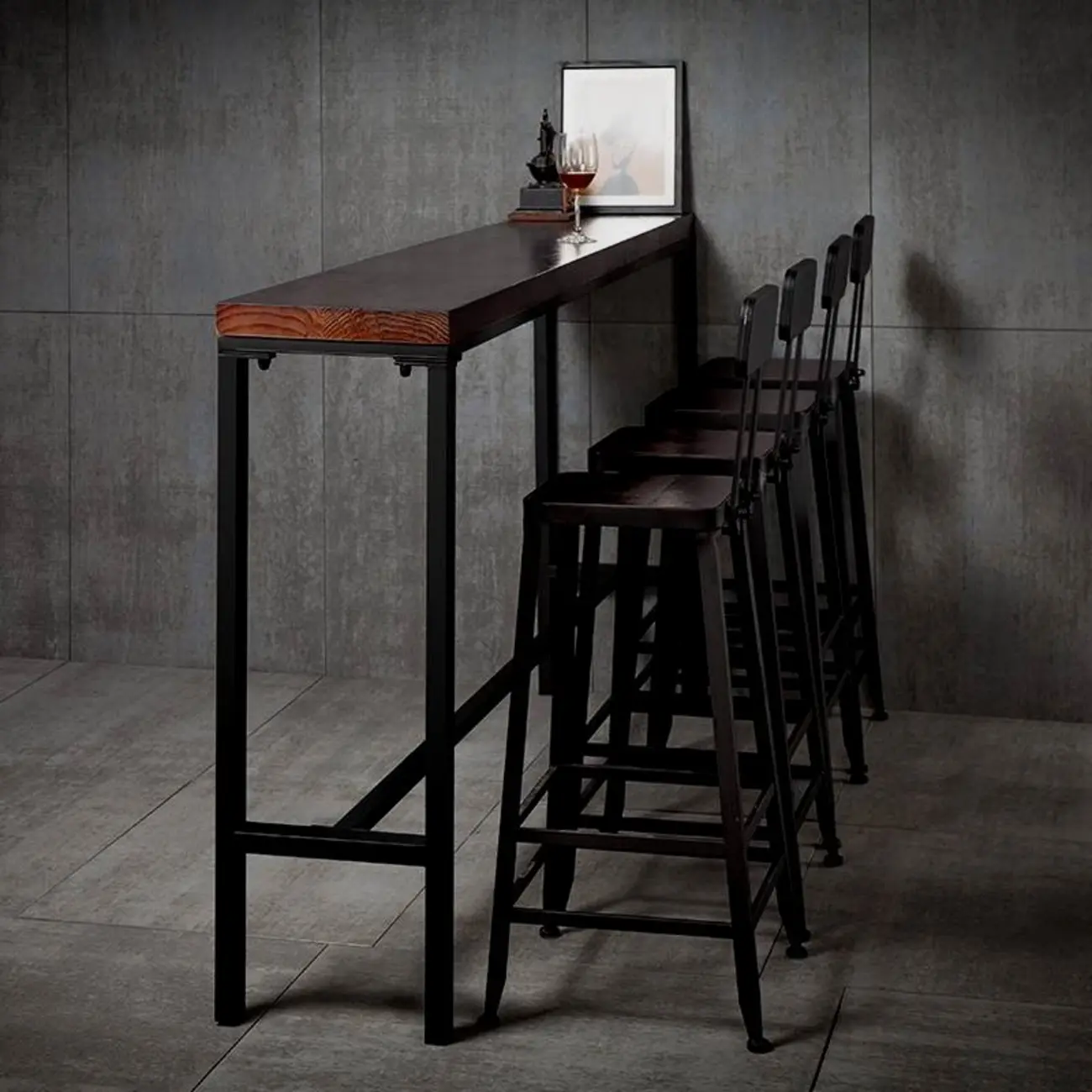Rustic Solid Wood Rectangular Bar Table with Black Metal Legs for Dining Image - 2 | homeyfad