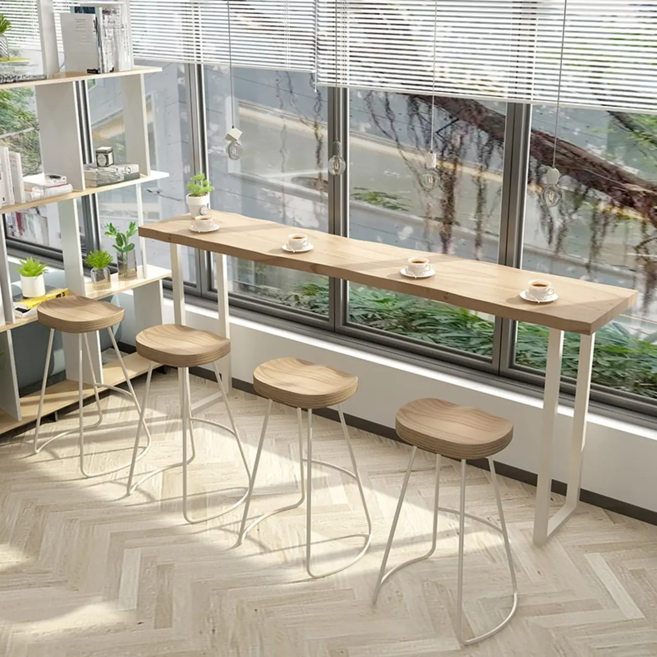 Natural Wooden Rectangular Long Bar Table with White Metal Frame for Indoor Use Image - 2 | homeyfad