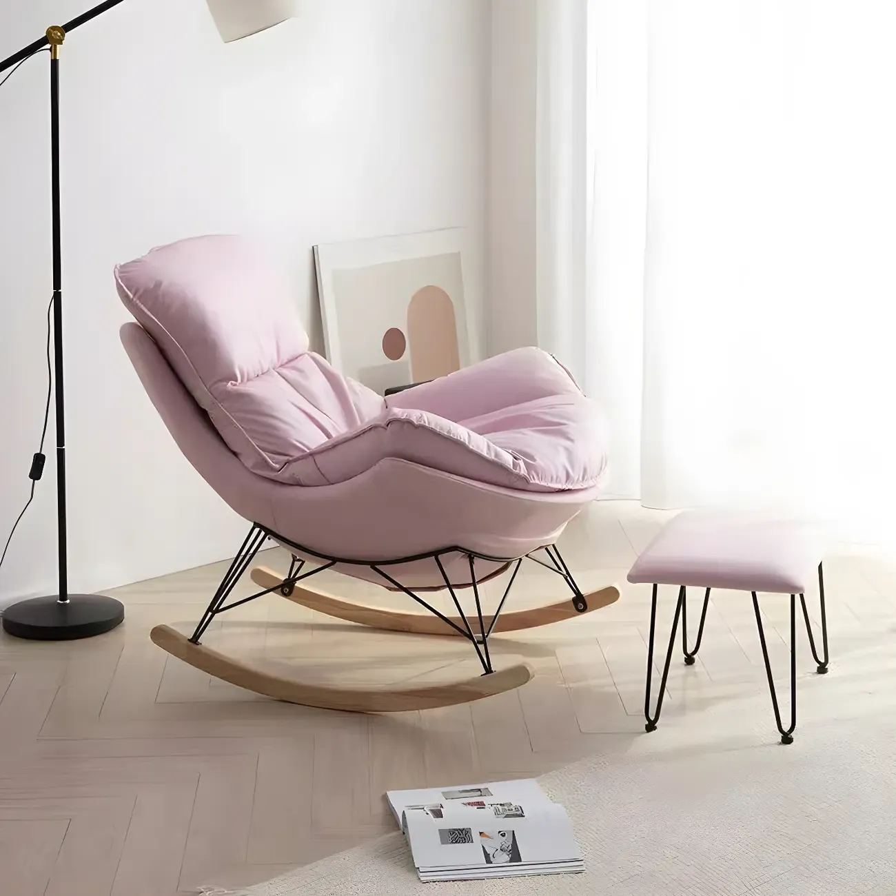 Armless Upholstered Rocking Chair with Ottoman for Living Room Image - 4