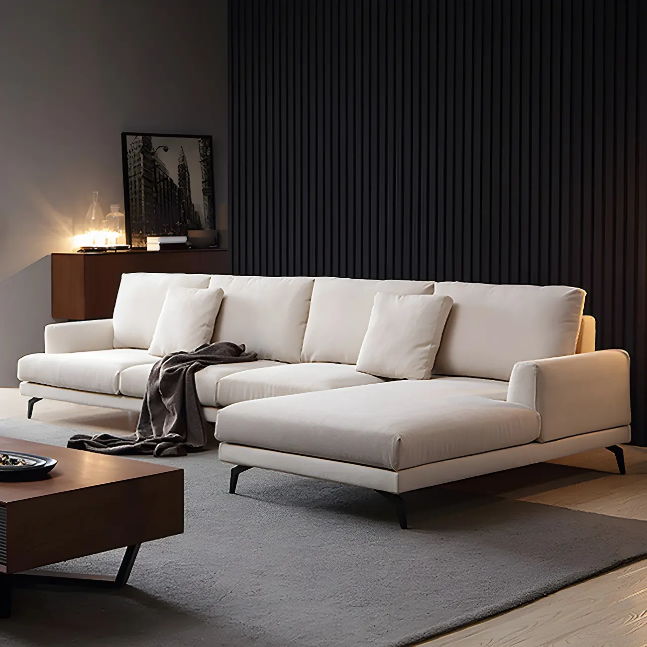 Scandinavian 4-seat White Sofa Chaise with Chenille Image - 2 | homeyfad