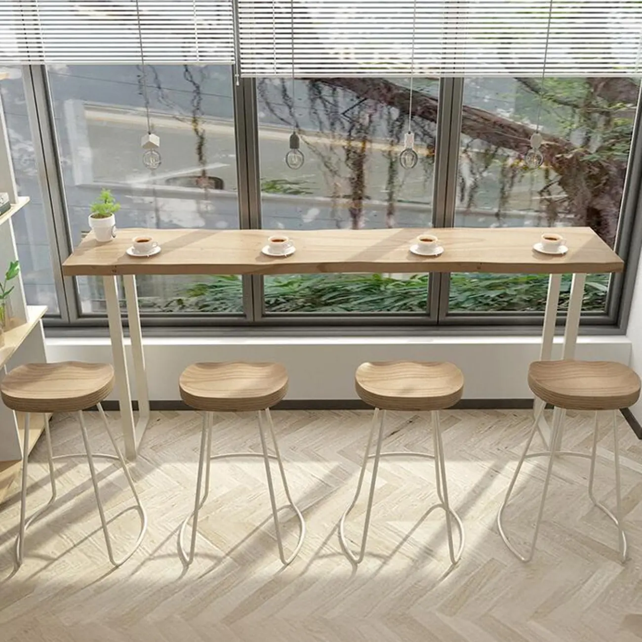 Natural Wooden Rectangular Long Bar Table with White Metal Frame for Indoor Use Image - 6 | homeyfad