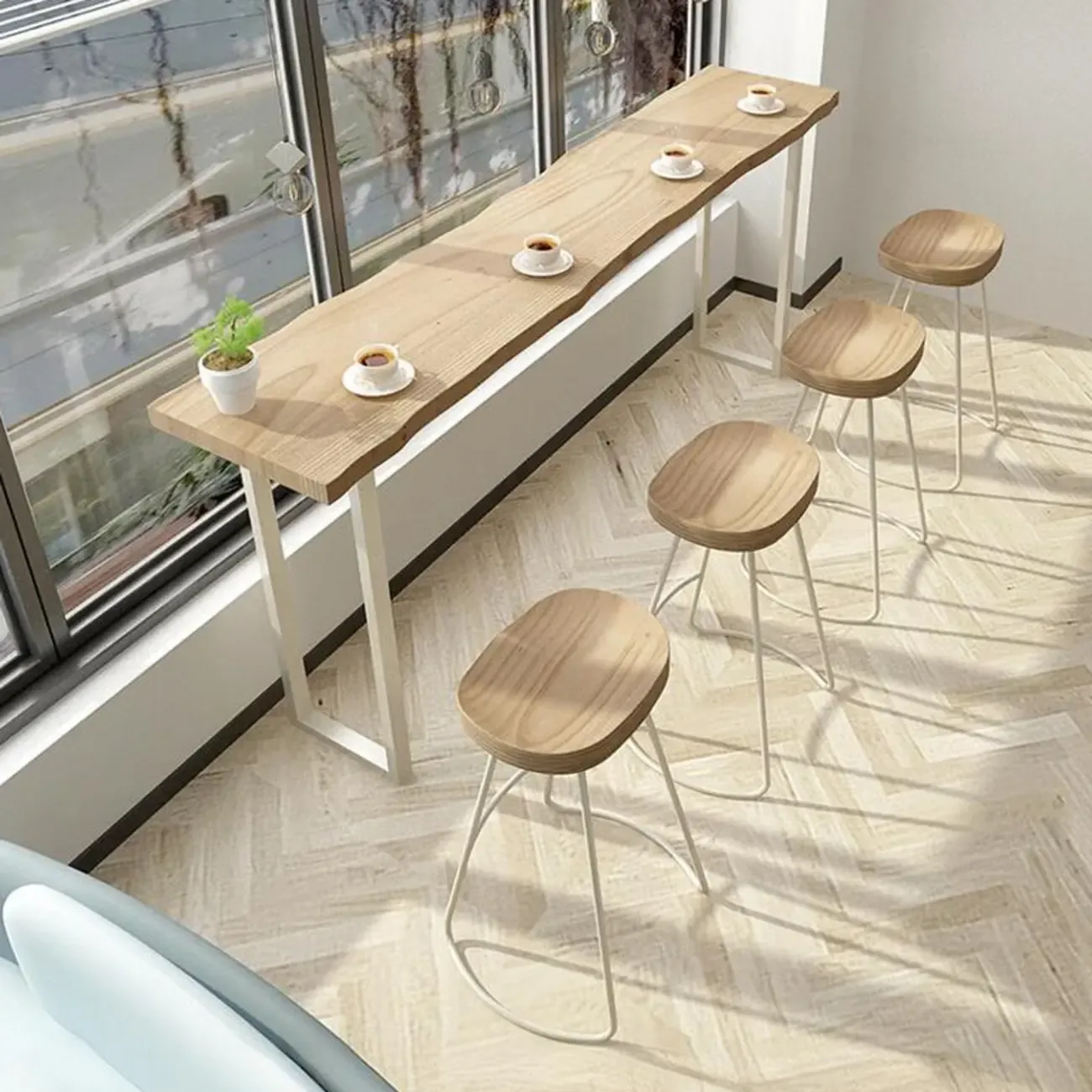 Natural Wooden Rectangular Long Bar Table with White Metal Frame for Indoor Use Image - 7