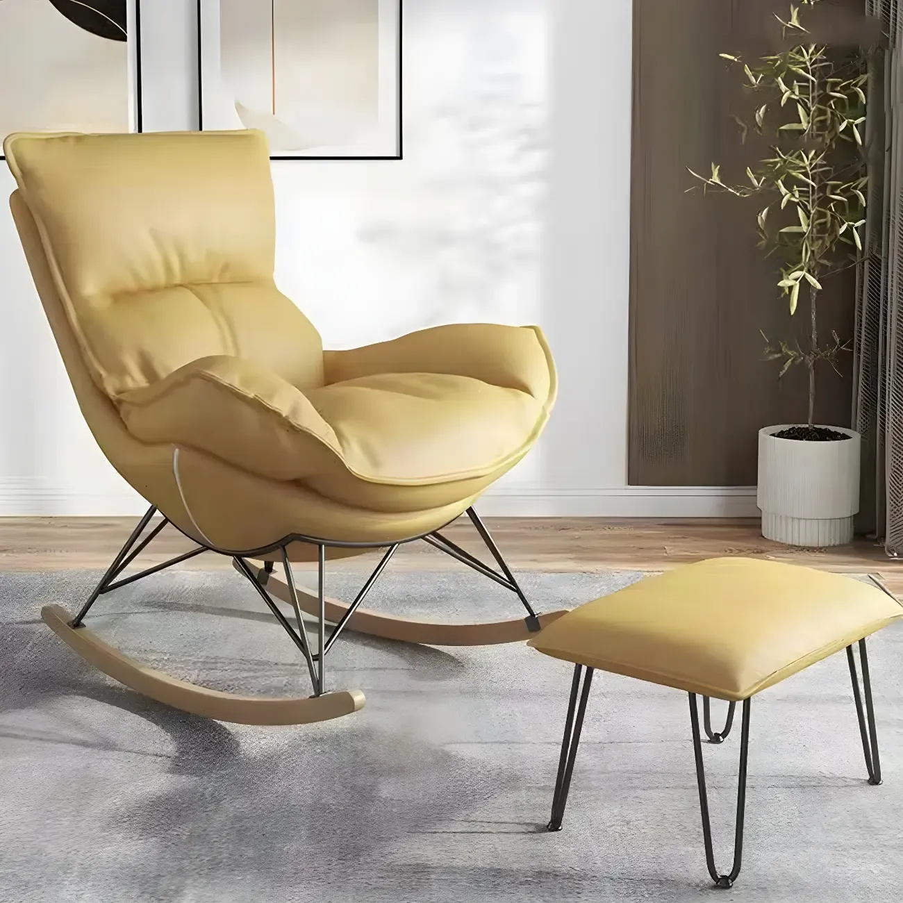 Armless Upholstered Rocking Chair with Ottoman for Living Room Image - 8