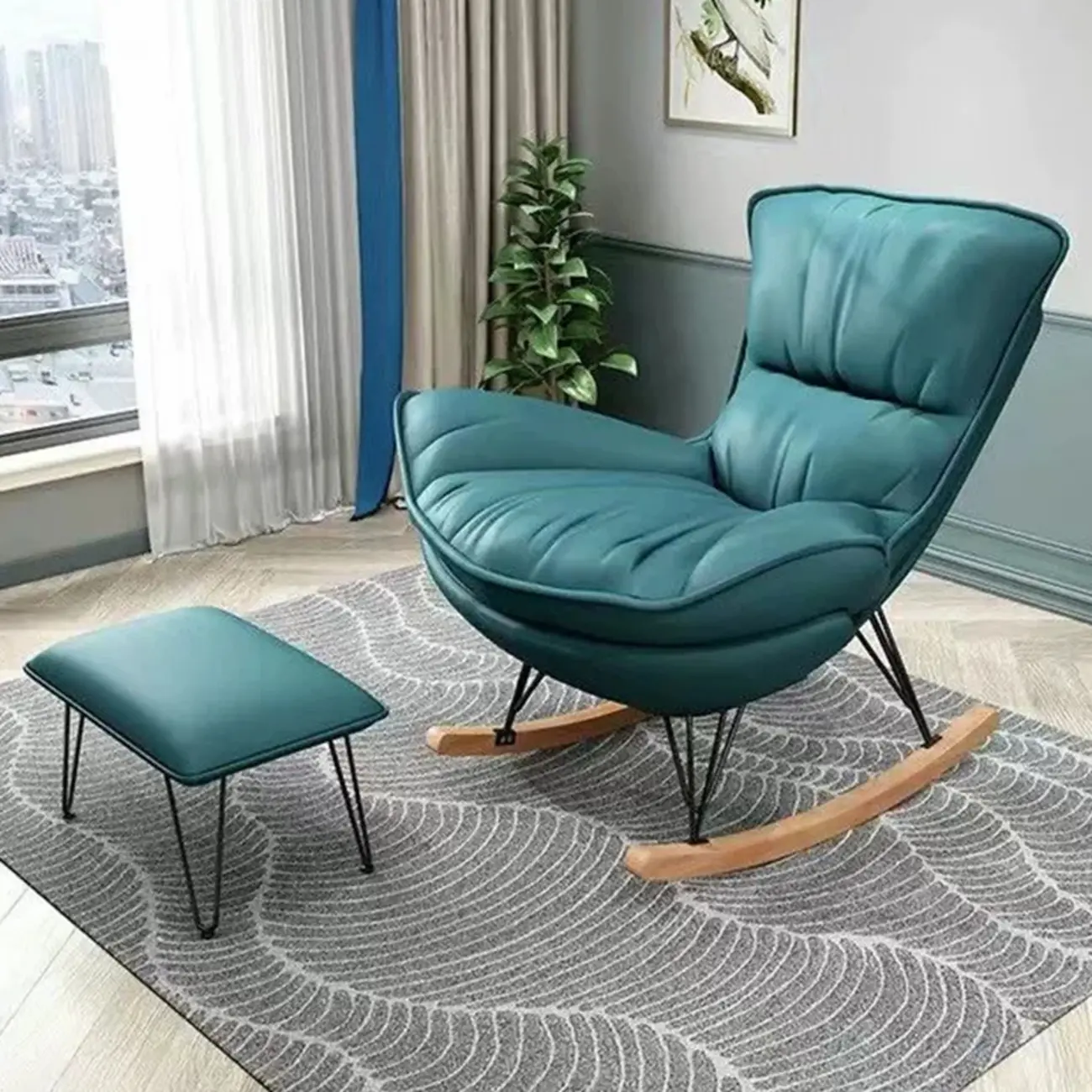 Armless Upholstered Rocking Chair with Ottoman for Living Room Image - 9 | homeyfad