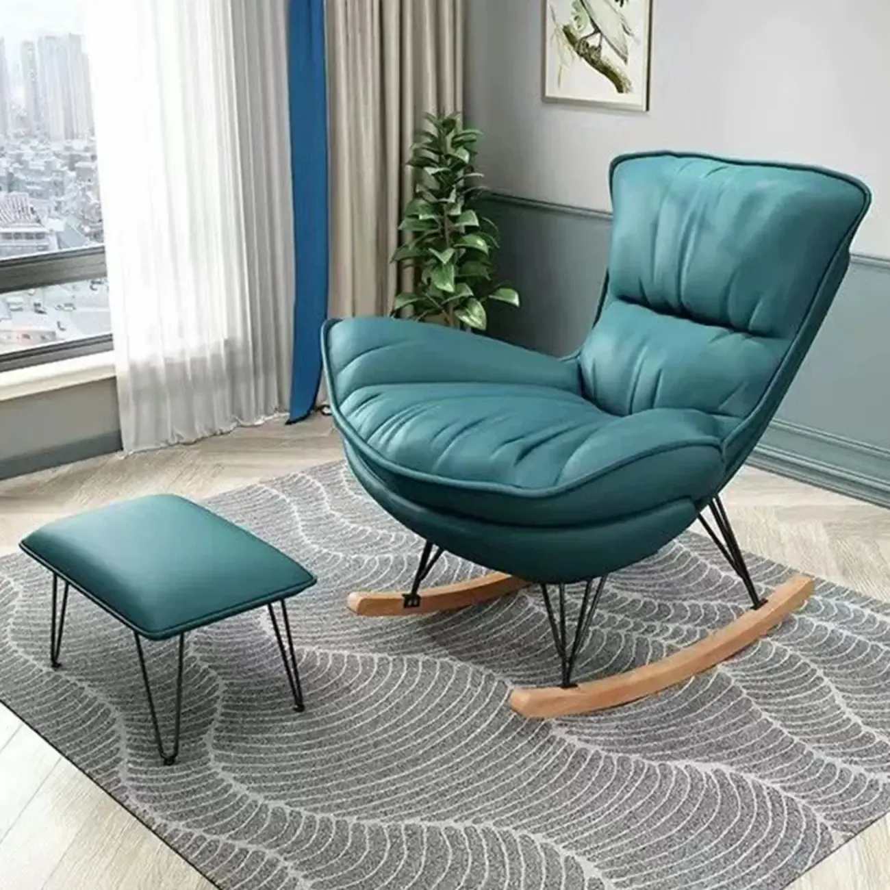 Armless Upholstered Rocking Chair with Ottoman for Living Room Image - 9