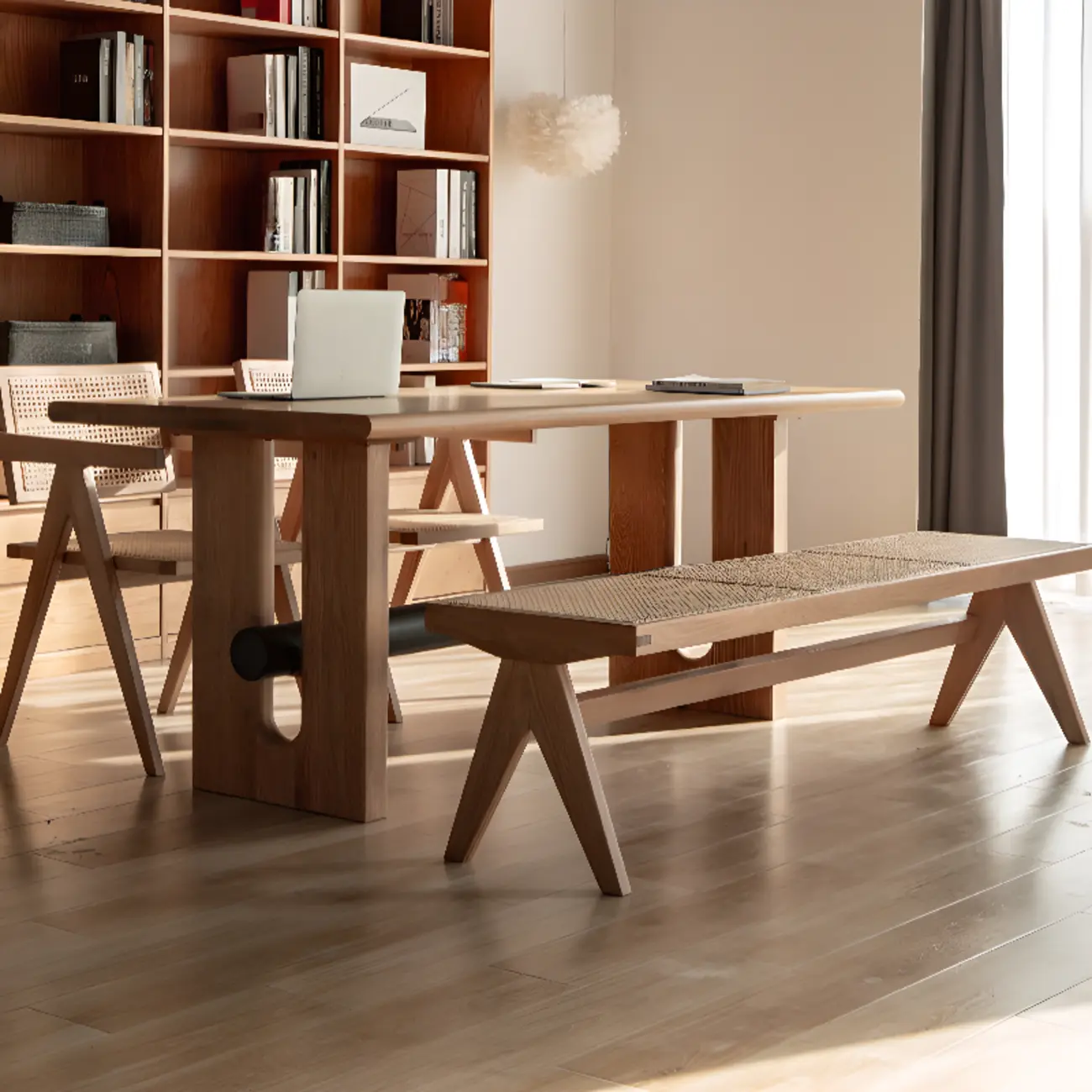 Natural Wood Dining Set with Trestle Base and Bench Image - 1 | homeyfad