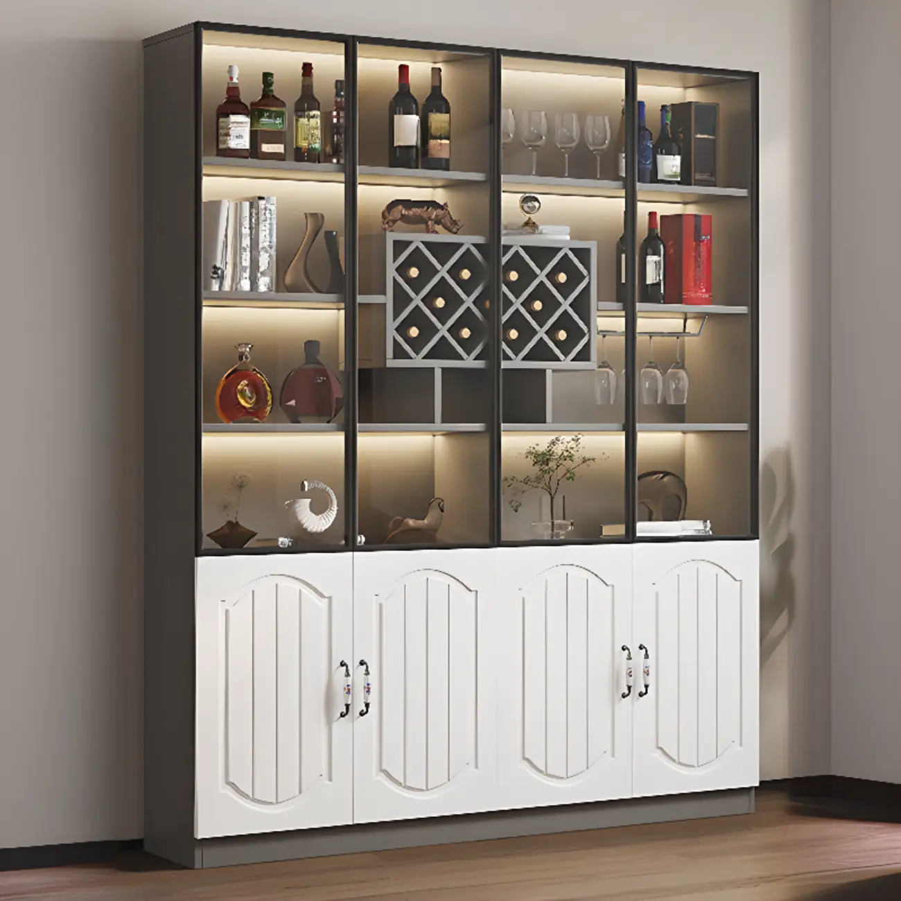 Stylish Glass Display Cabinet with Shelves & Lighting for Kitchen Image - 8 | homeyfad