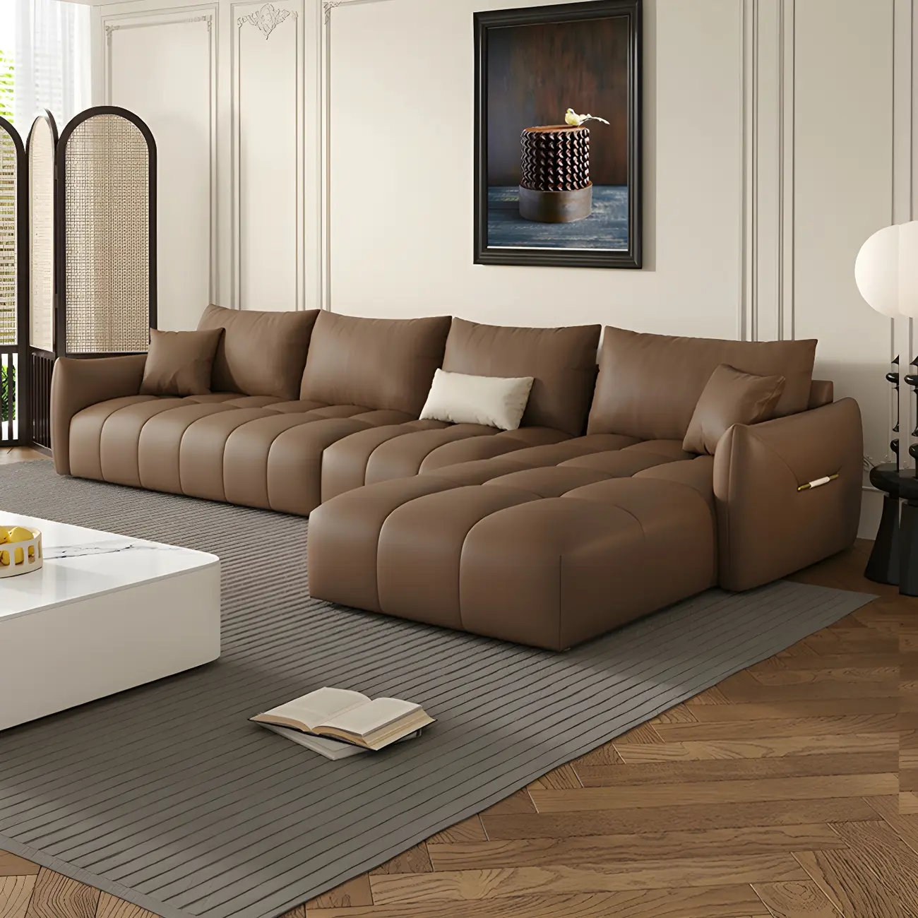 Modern Brown Leather Sectional Sofa Chaise with Square Arm Image - 1 | homeyfad