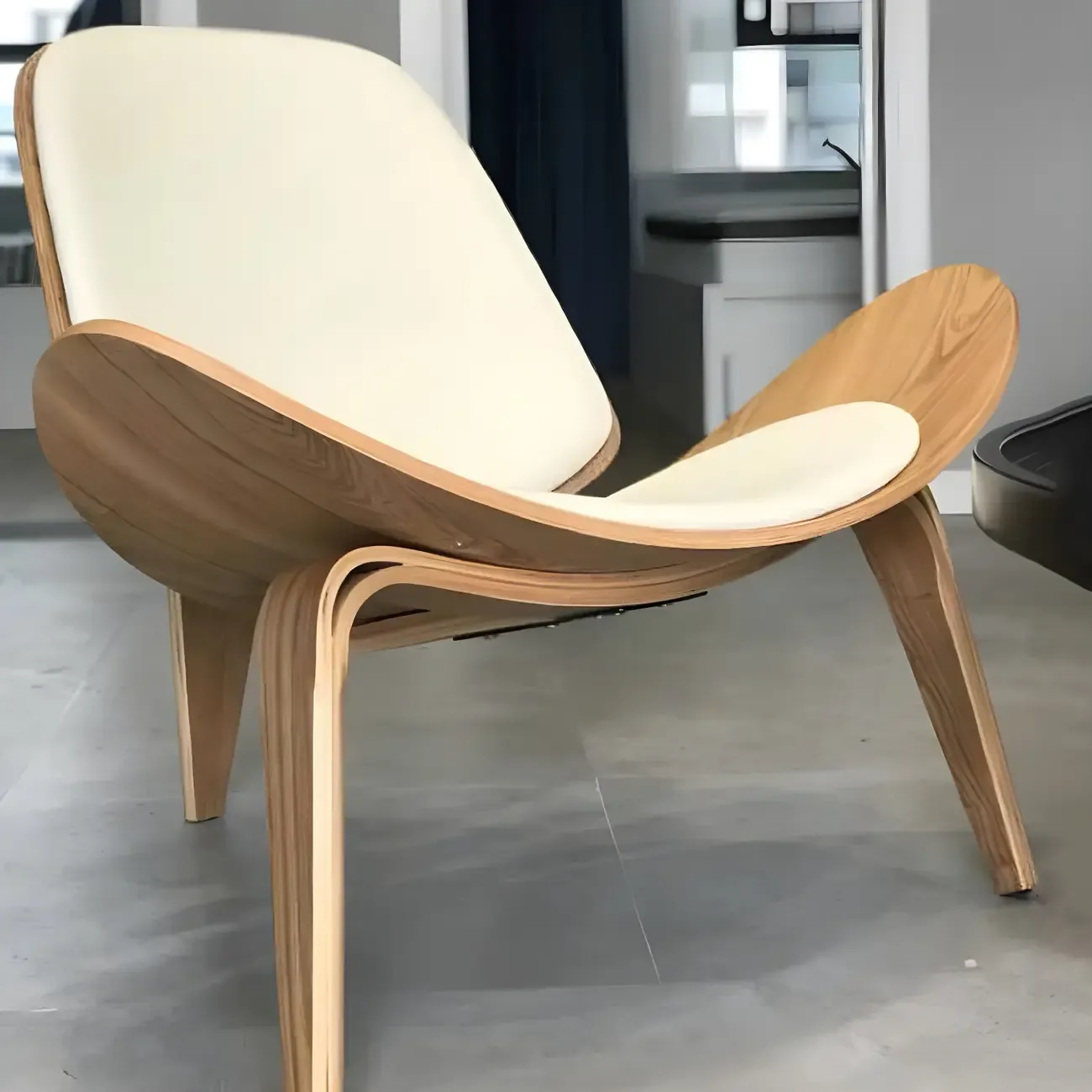 Scandinavian Leather/Linen Accent Chair with Wood Frame Image - 2