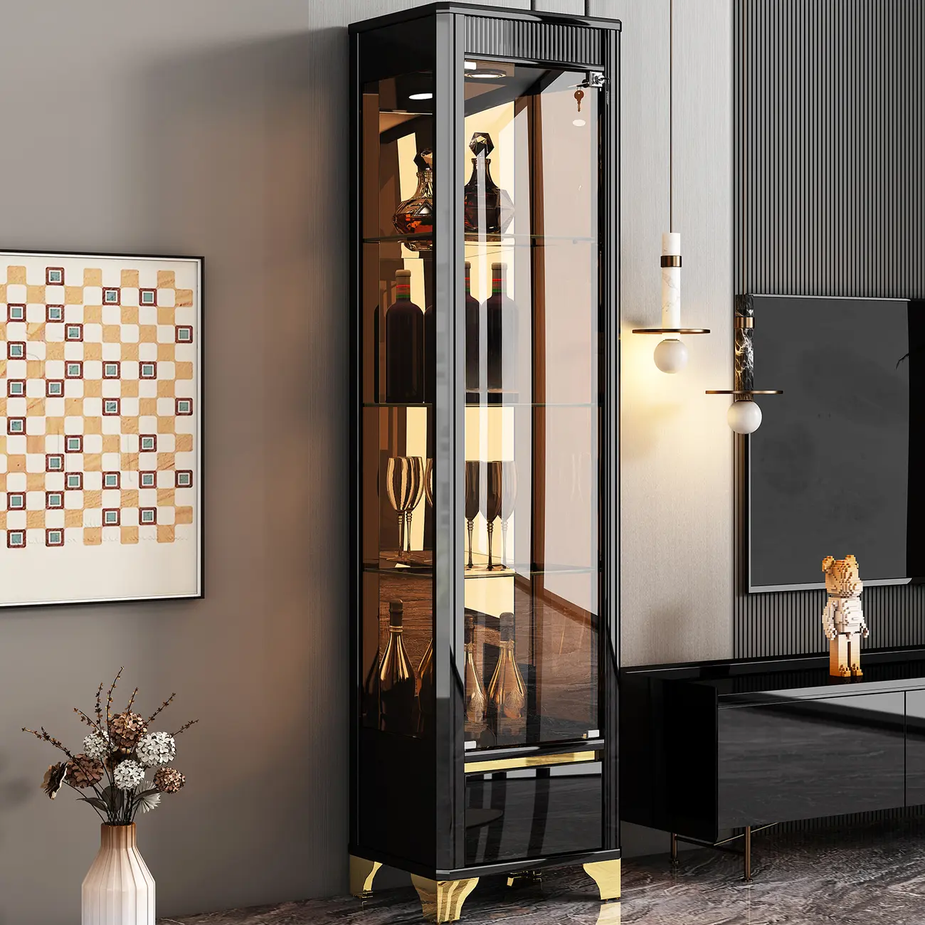 Modern Black Glass Display Cabinet with Storage for Living Room Image - 1 | homeyfad
