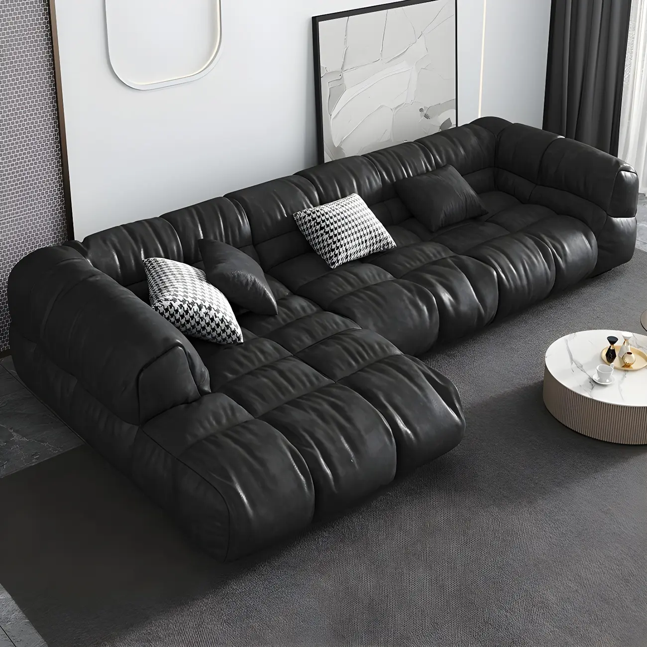 Trendy Black Tech Cloth Sectional Sofa with Tender Cushions  Image - 1 | homeyfad
