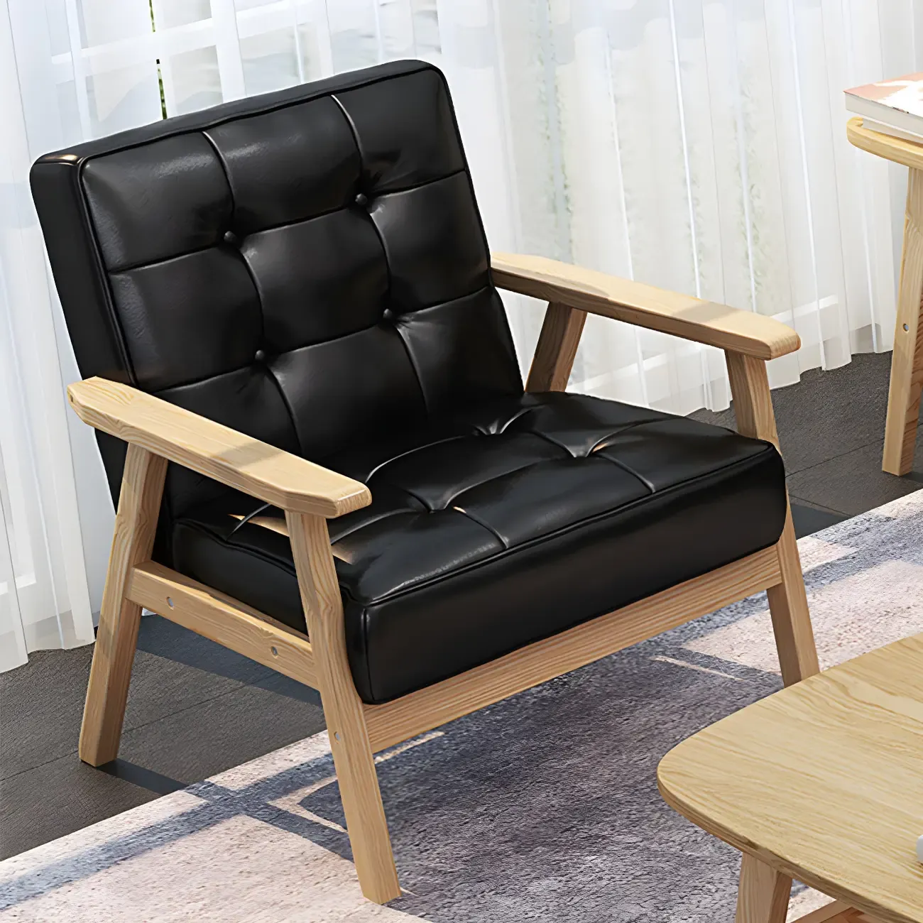 Modern Leather Tufted Accent Chair with Wood Frame Image - 1