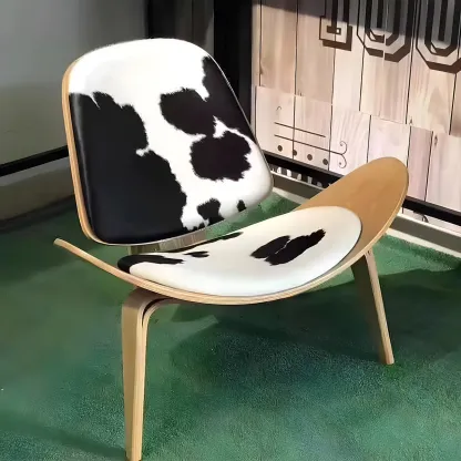 Scandinavian Leather/Linen Accent Chair with Wood Frame Image - 4