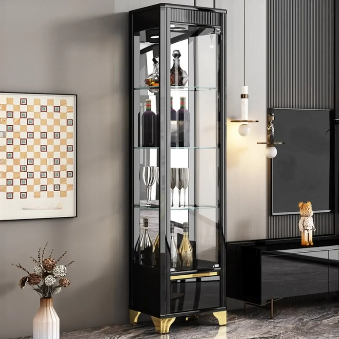 Modern Black Glass Display Cabinet with Storage for Living Room Image - 2