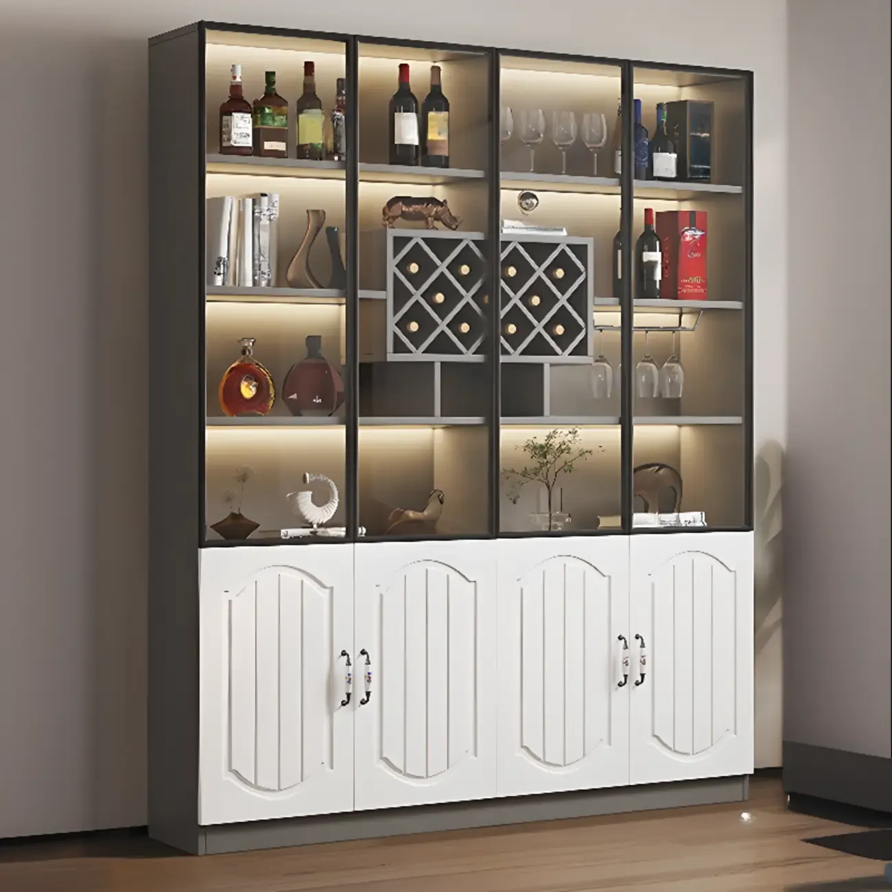 Stylish Glass Display Cabinet with Shelves & Lighting for Kitchen Image - 14