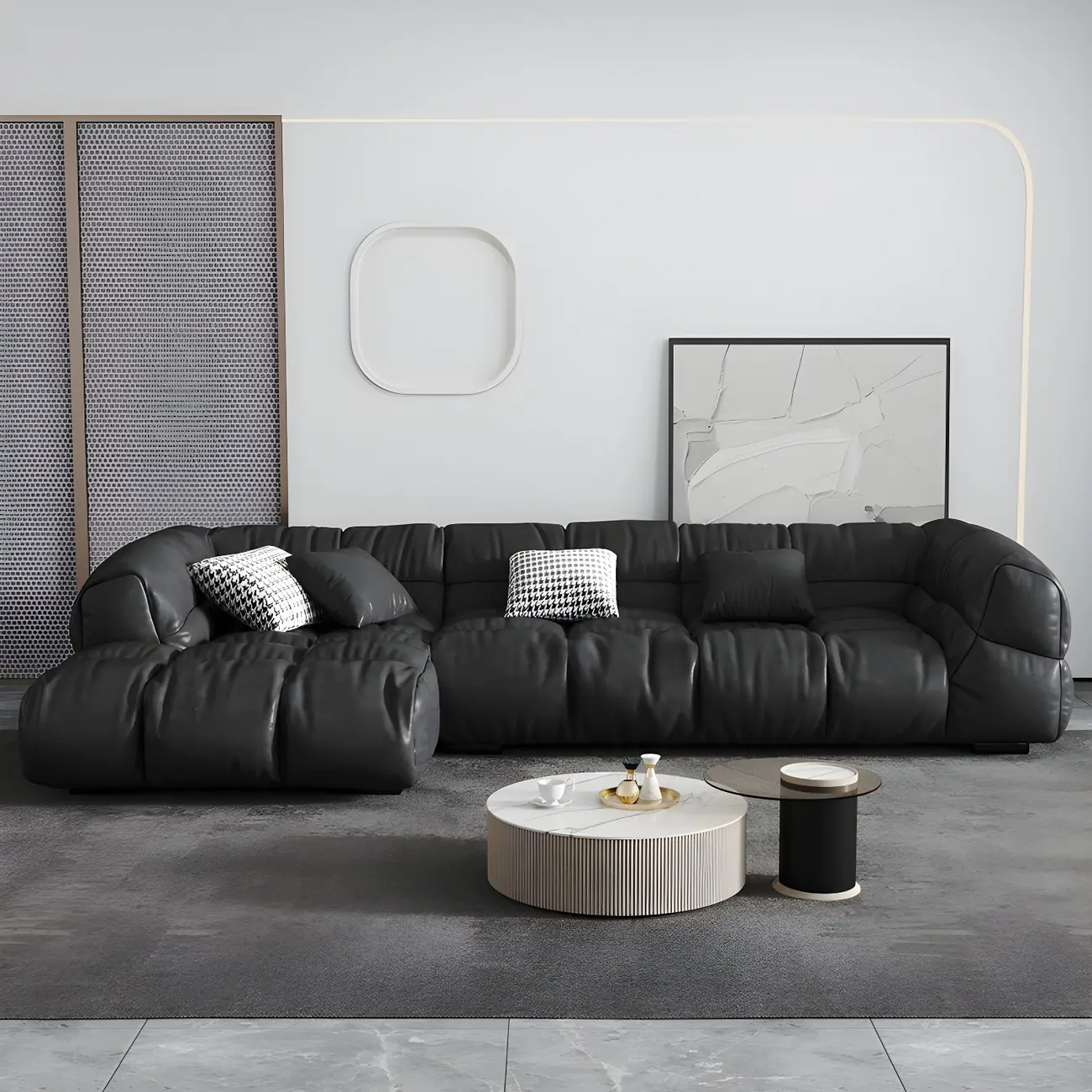 Trendy Black Tech Cloth Sectional Sofa with Tender Cushions  Image - 2 | homeyfad