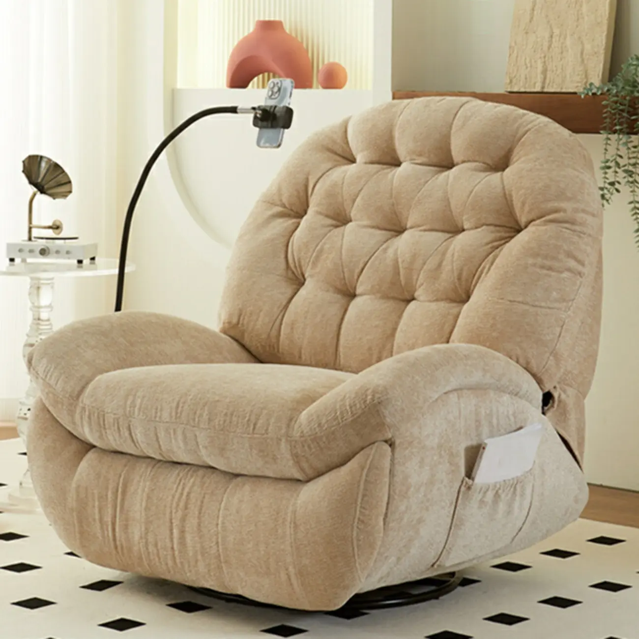 Leather/Chenille Swivel Recliner Chair in Off-White Image - 1 | homeyfad