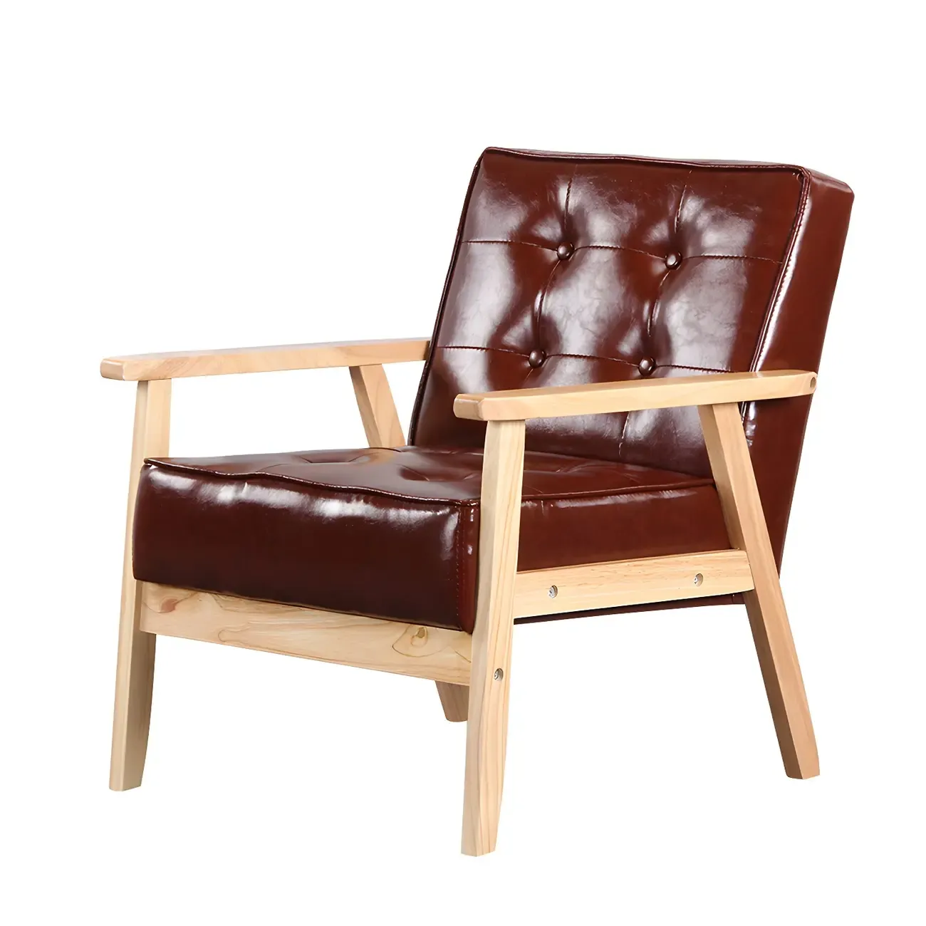 Modern Leather Tufted Accent Chair with Wood Frame Image - 2