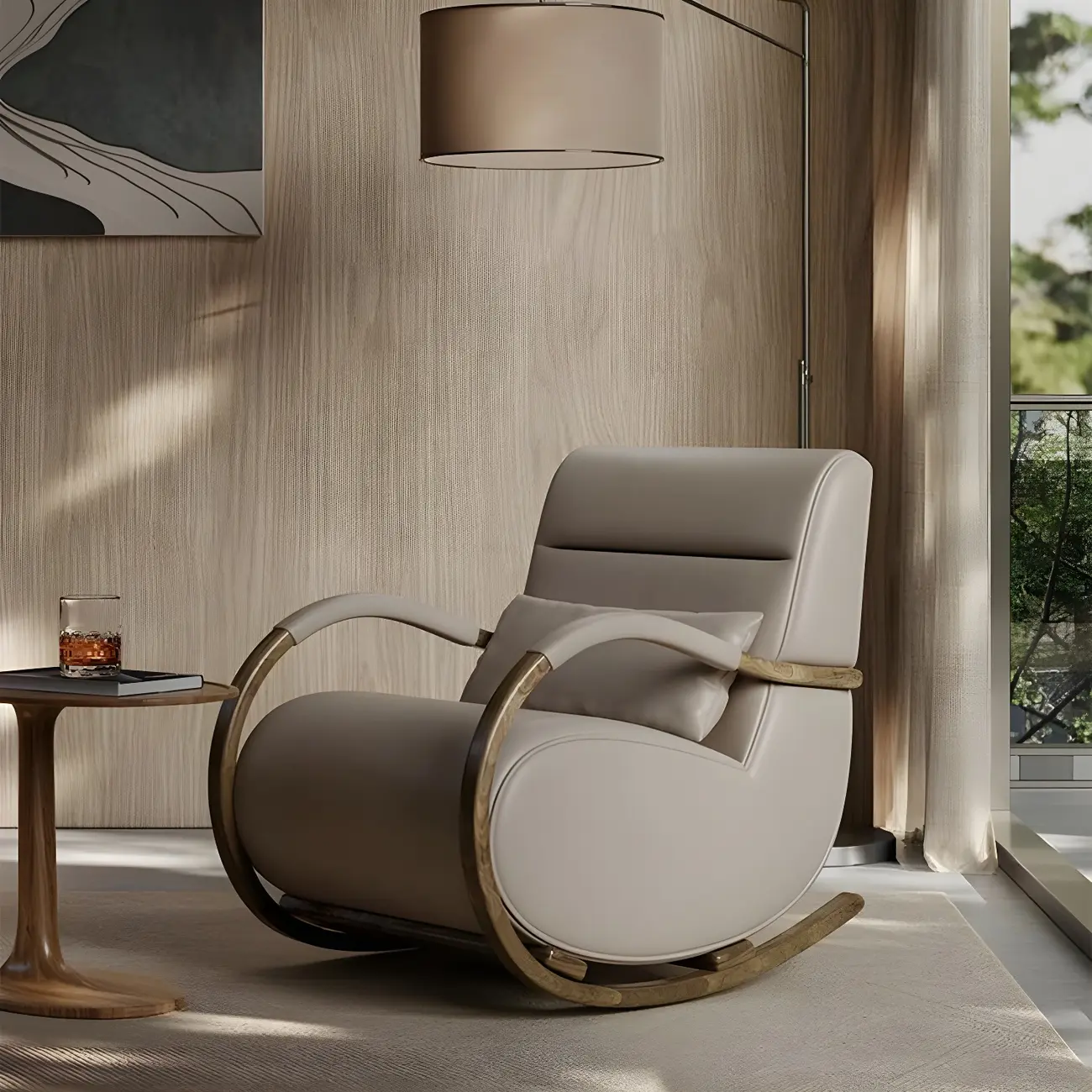 Modern Wood Rocking Chair with Leather Upholstered with Pillow Image - 1 | homeyfad